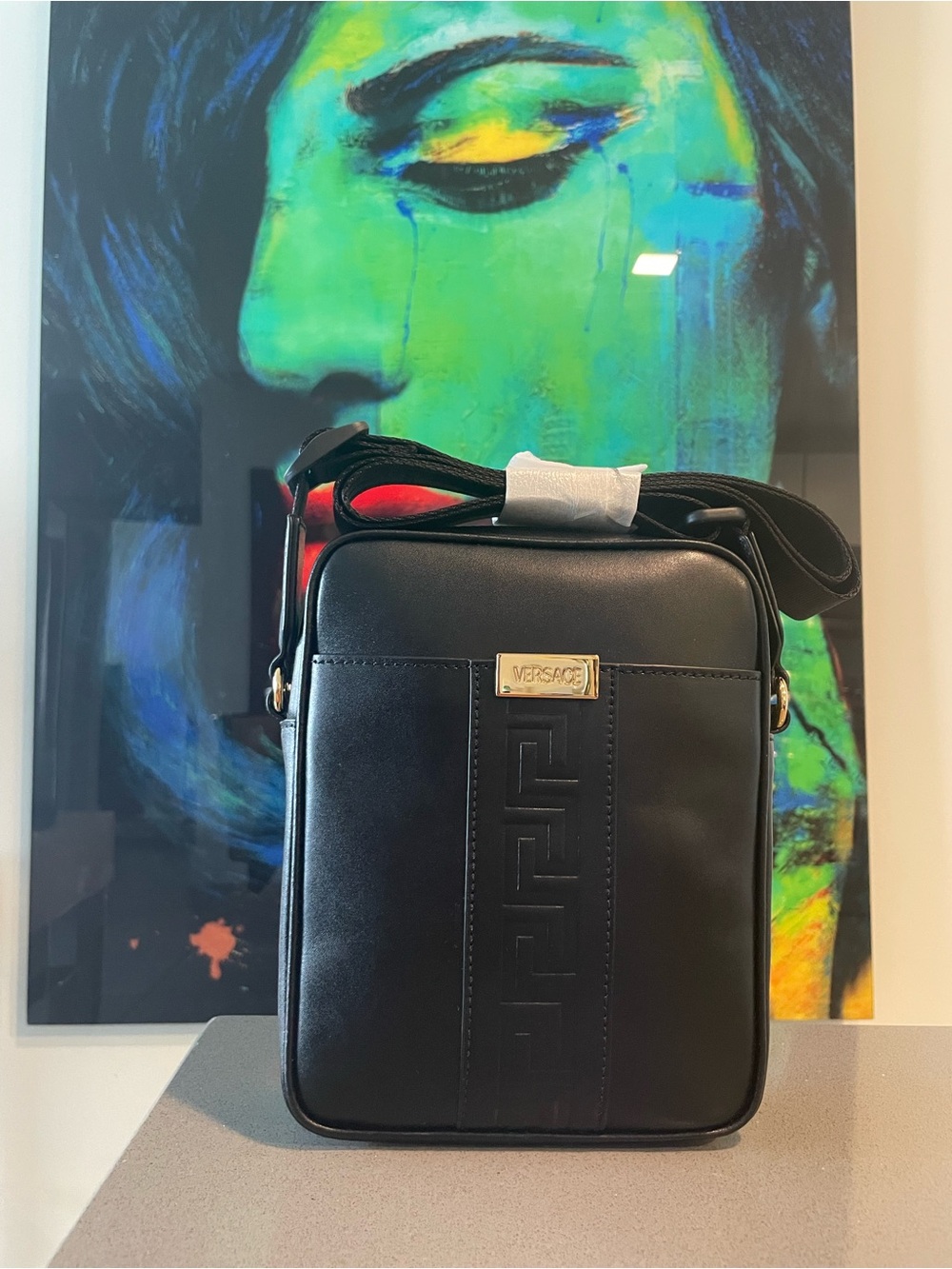Versace Black Leather Messenger Crossbody with Gold Plaque